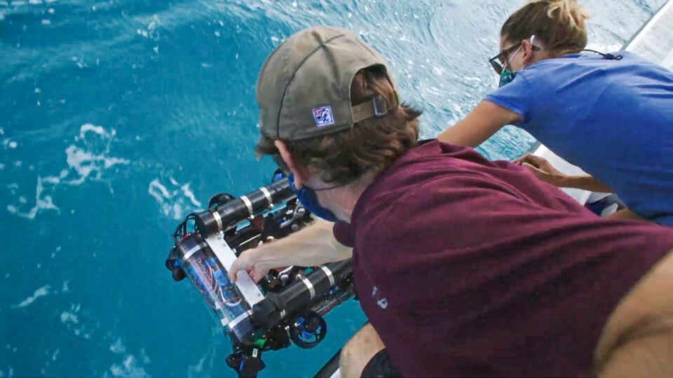 Researchers lowering a Reefgen device into the sea from a boat